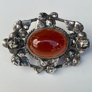 Art Nouveau German Floral Sterling Silver Carnelian Cabochon Brooch - signed